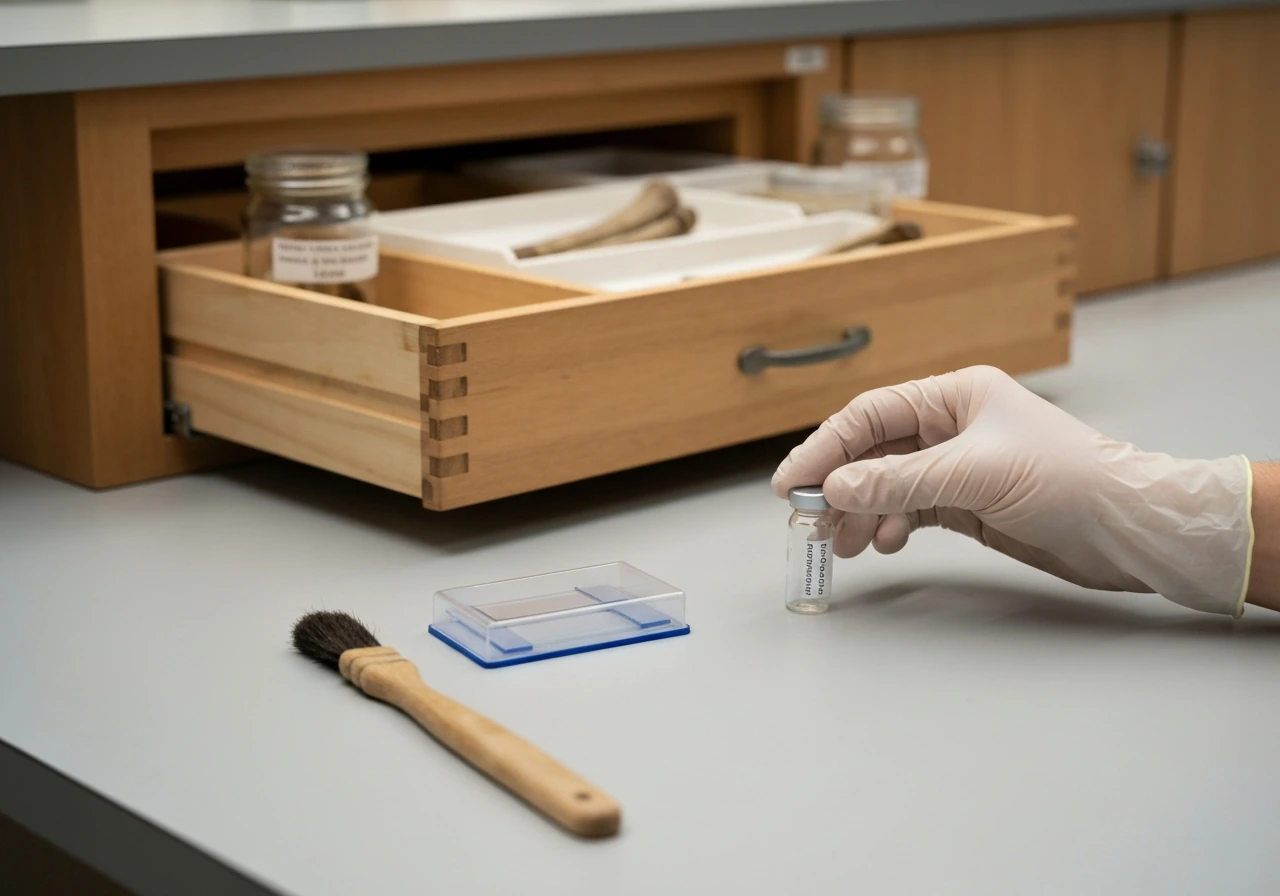 Gloved hands with a specimen vial and archived museum fragments on a clean lab bench under natural light.