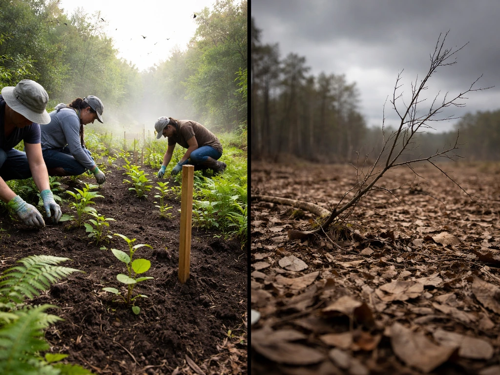 Split photo showing a protected habitat restoration scene on one side and uncertain wildlife risk on the other