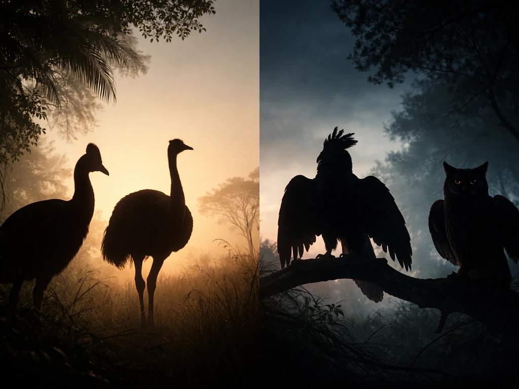 Dramatic silhouettes of several dangerous birds in different habitats, shown together for a caution theme.