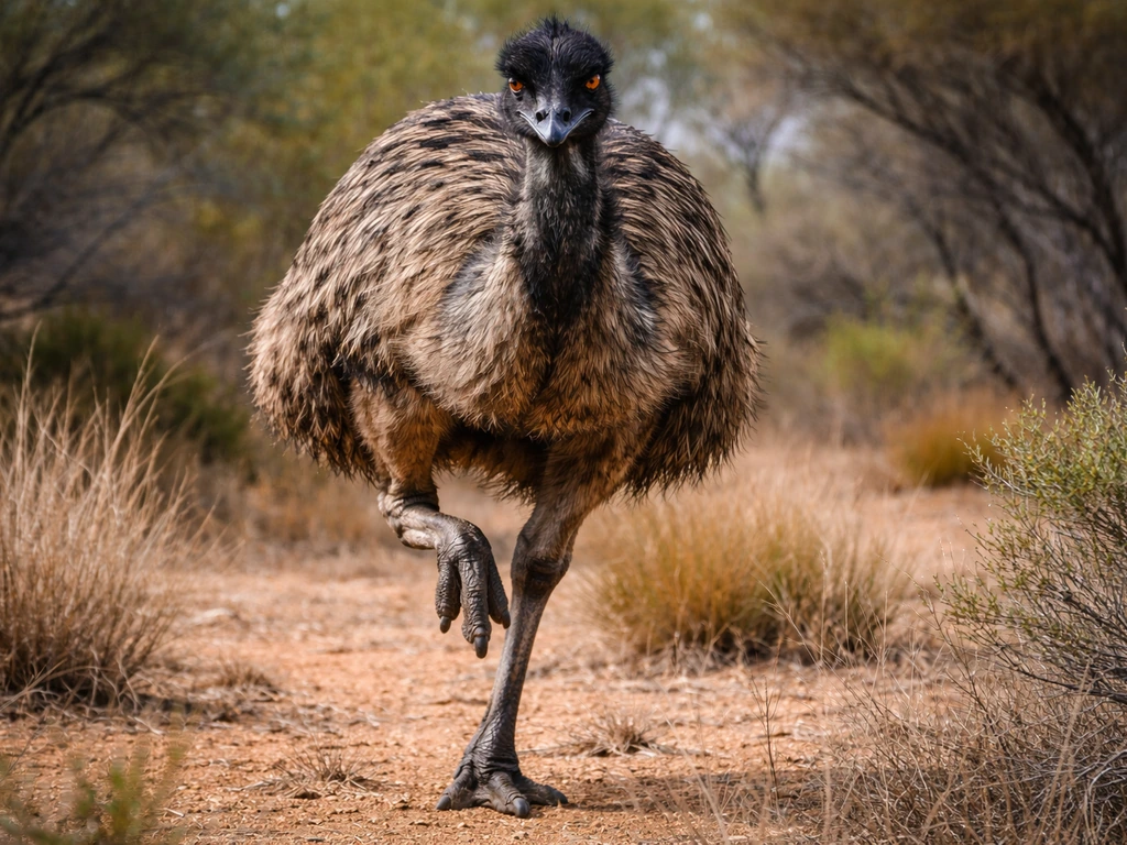 Close-up of an emu in a defensive stance with powerful legs visible in a natural outdoor setting.