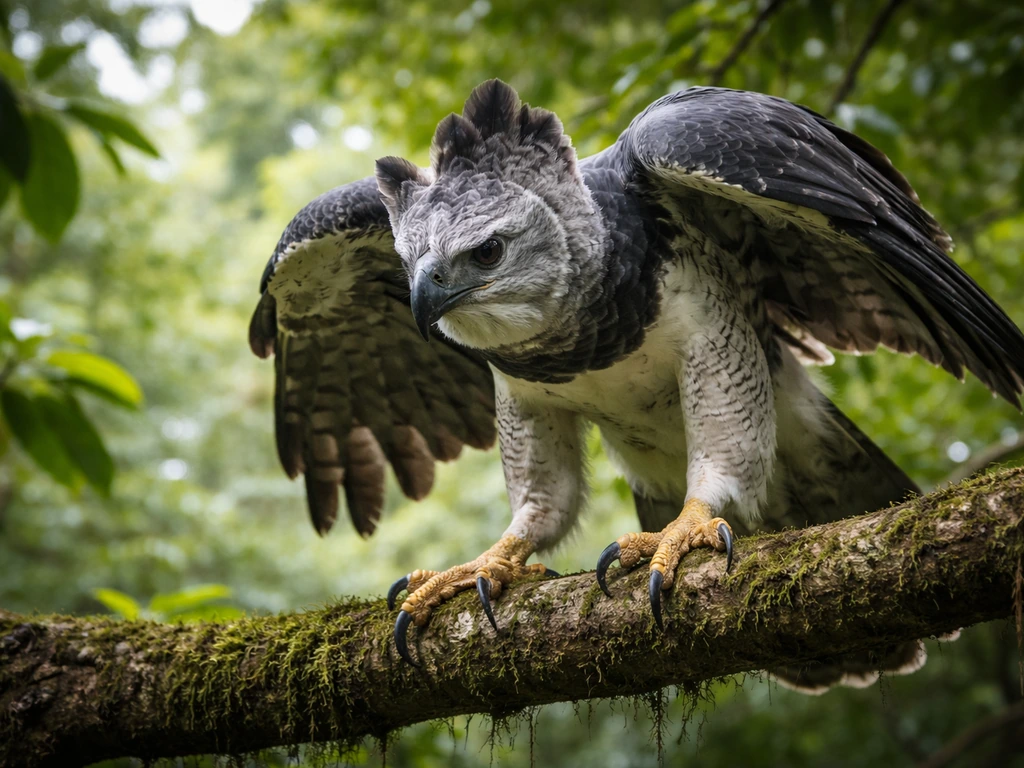 Harpy eagle gripping a rainforest branch with talons bared in a tense, predatory stance.