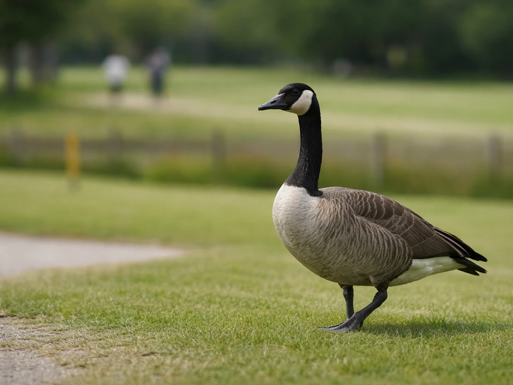 Canada goose standing at a park edge near a golf course perimeter, with a person far away