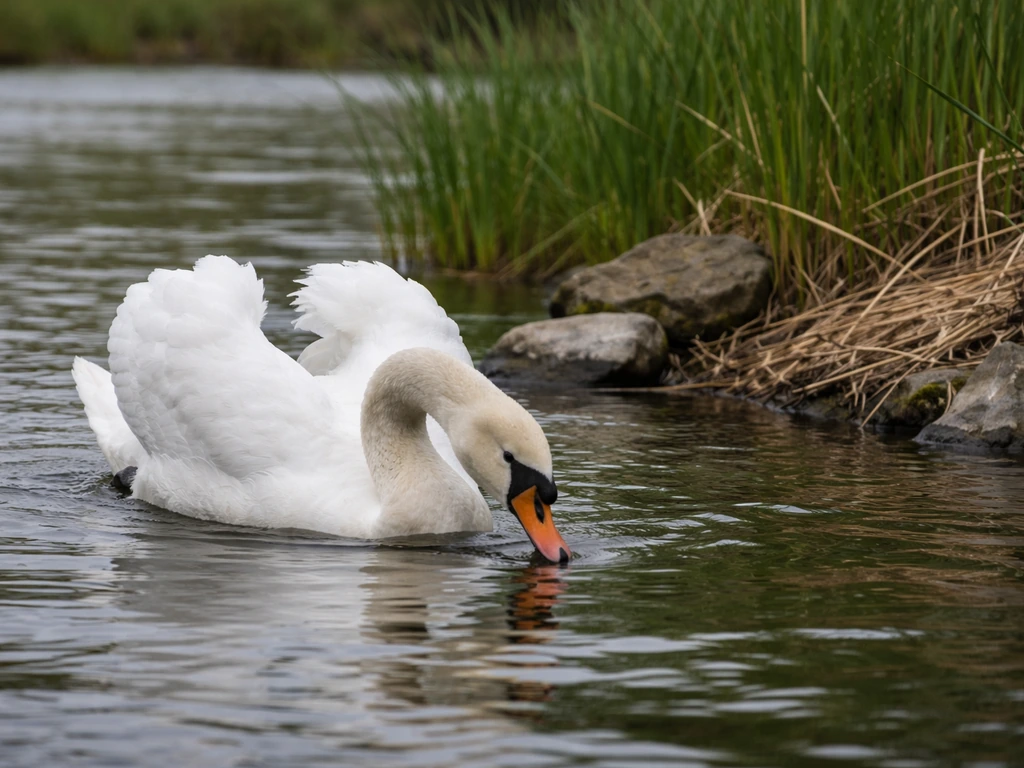 Mute swan floating on water near nesting reeds, head lowered in a defensive posture.