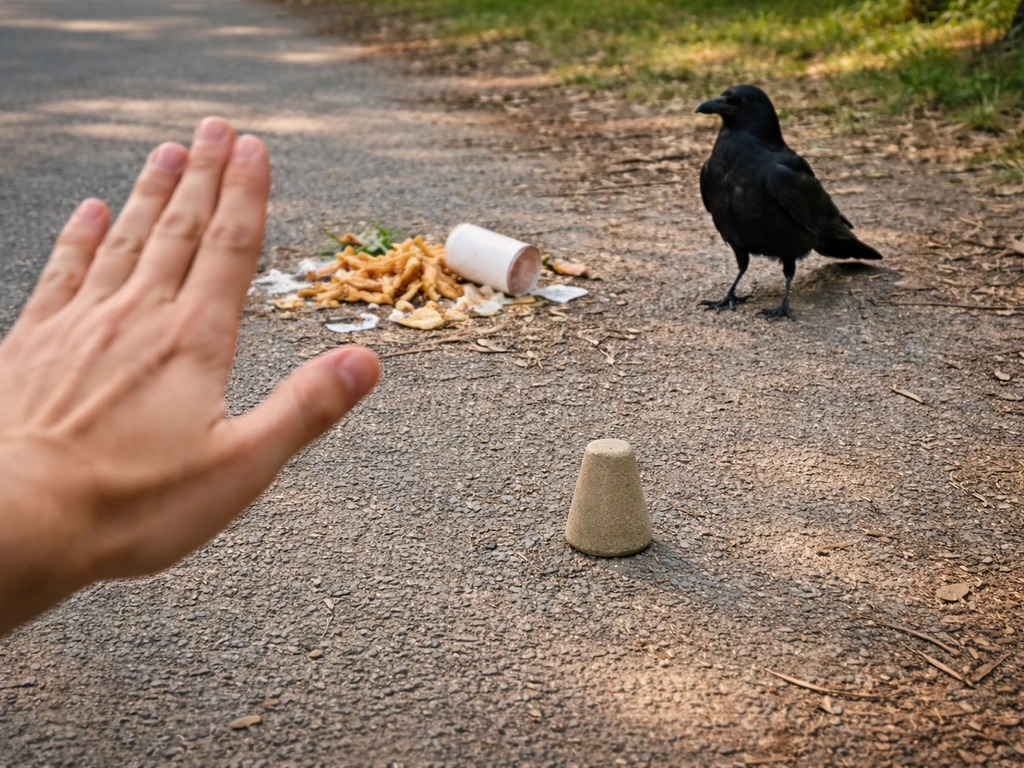 A person’s hand held back from a wild bird near roadside trash, with a clear safe-distance object in view.