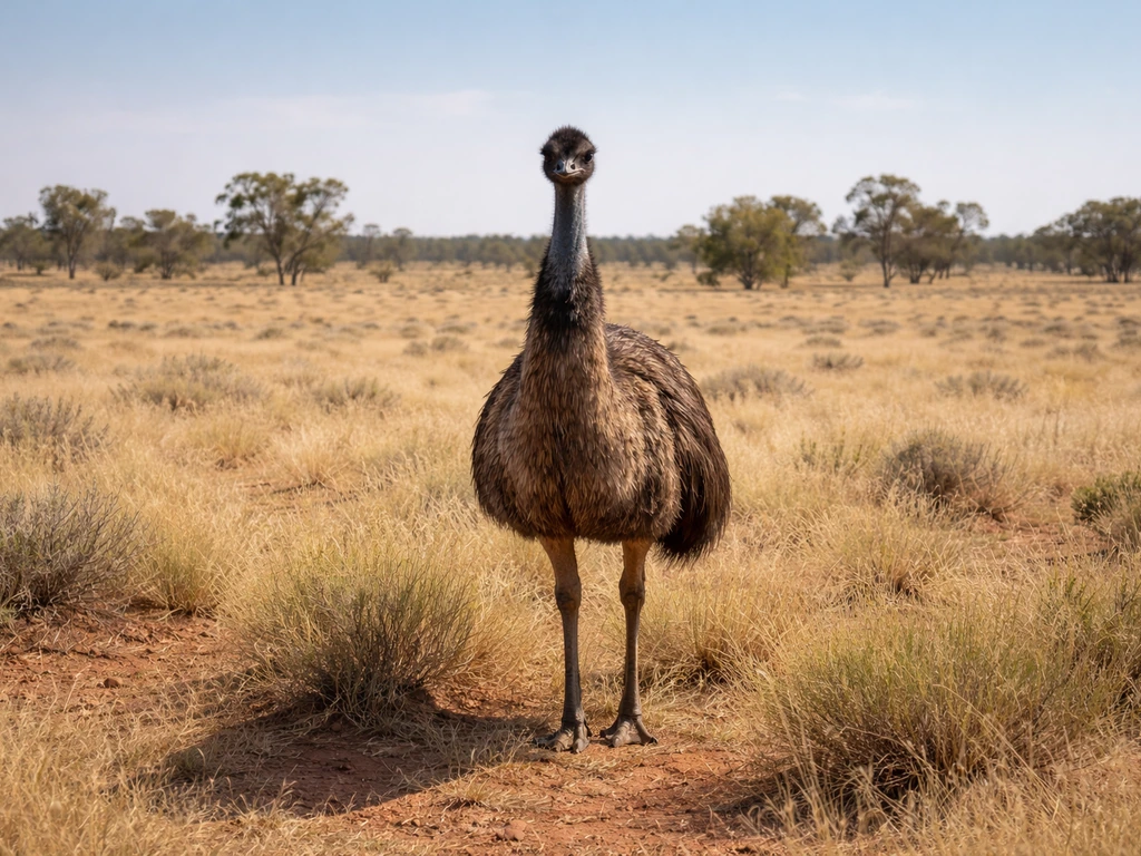 An emu standing in open Australian outback grassland with sparse scrub and distant horizon.