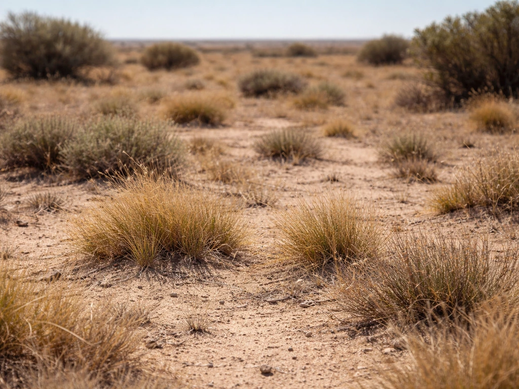 Close-up of patchy grassland and scrub in a semi-arid rangeland habitat with dry earth and scattered shrubs.
