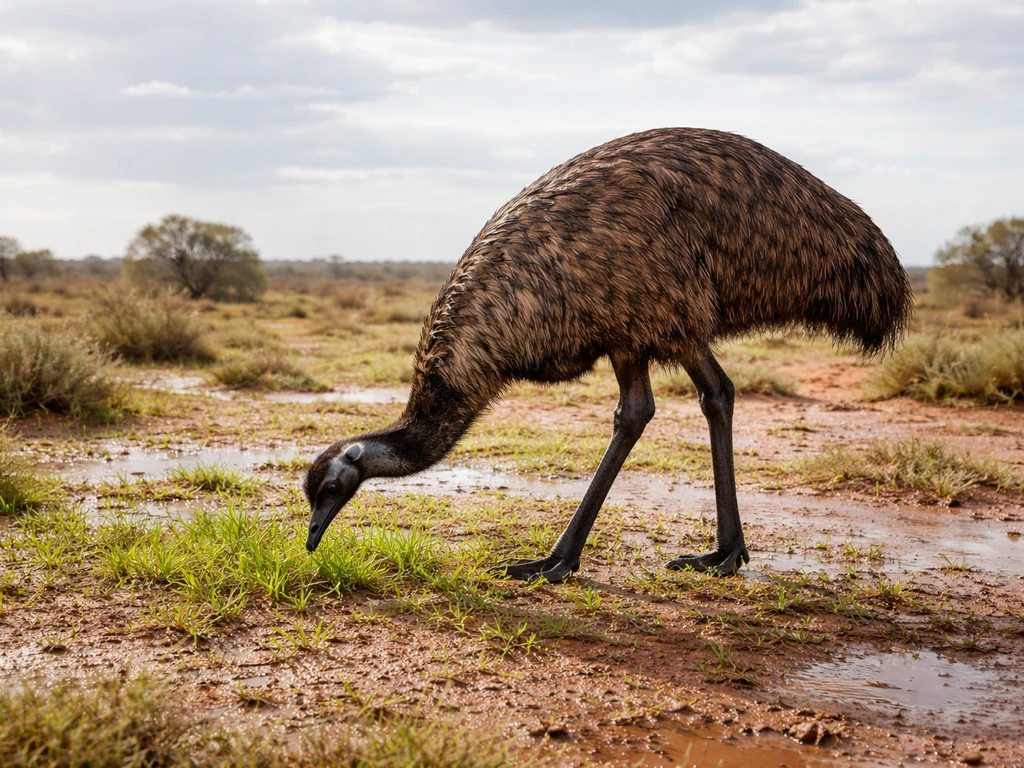 An emu roams and feeds on fresh green sprouting plants after rainfall in a dry, open outback landscape.