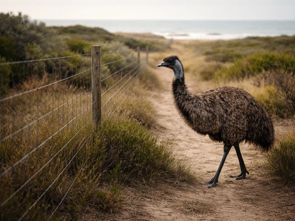An emu walks near a wire fence at the edge of coastal scrub, facing the barrier line.
