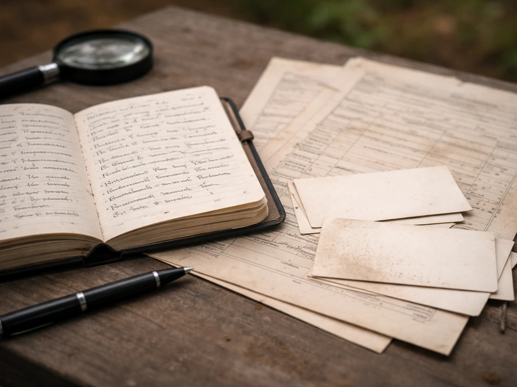 Close-up of fieldwork notebook with last-sighting notes, specimen label cards, and archival papers on a table.