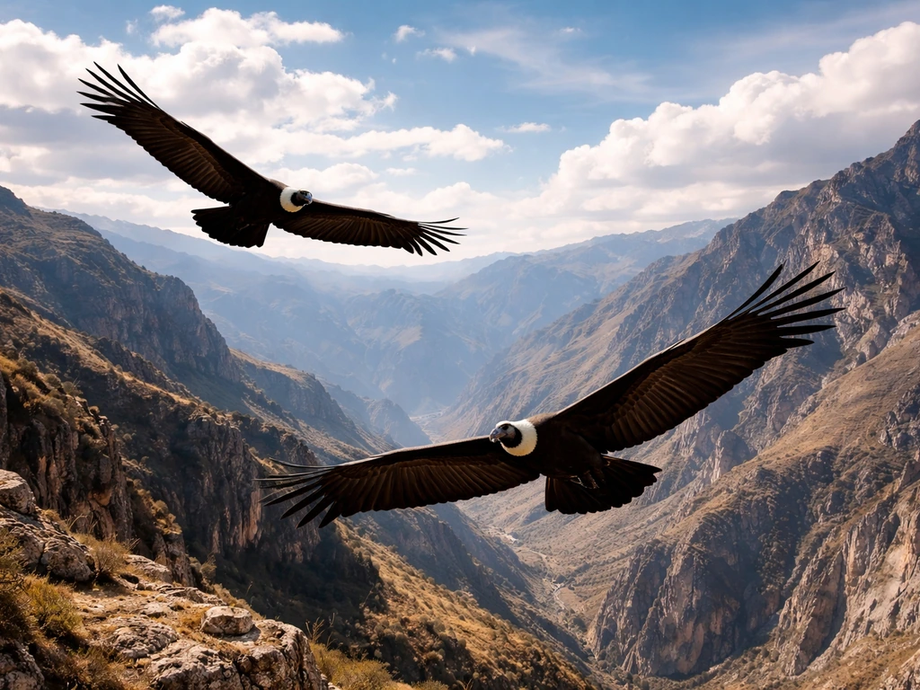Two large condor birds soaring over rugged canyon cliffs in dramatic natural light.
