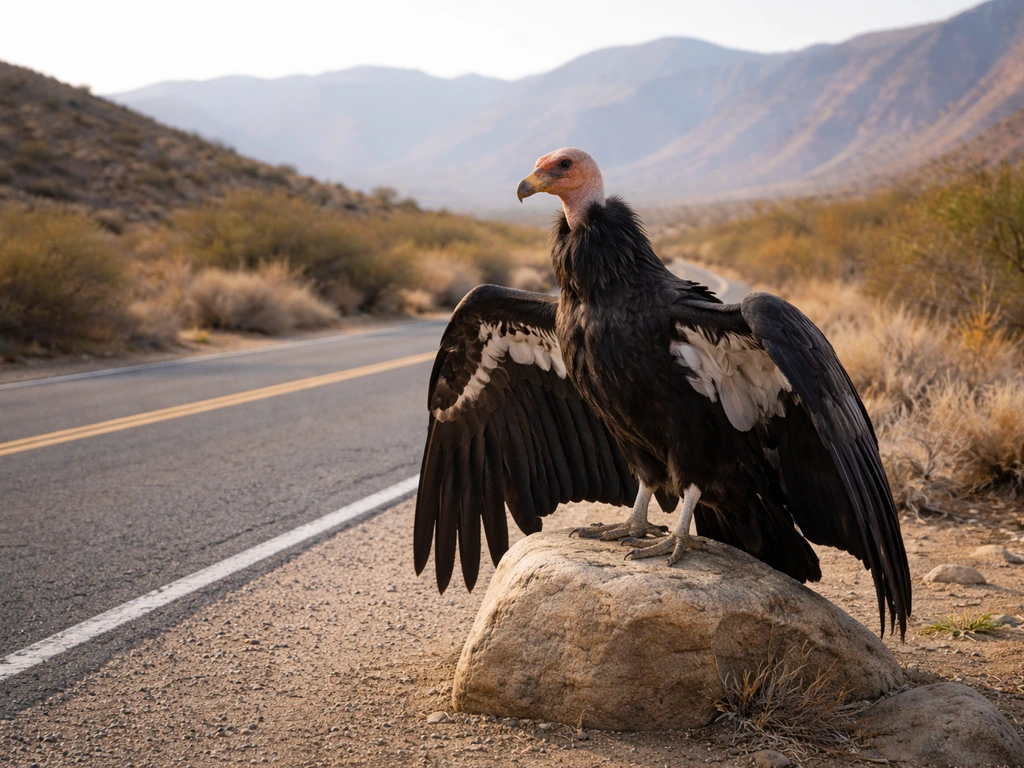 California condor perched near a desert roadside viewing area, wings slightly spread.
