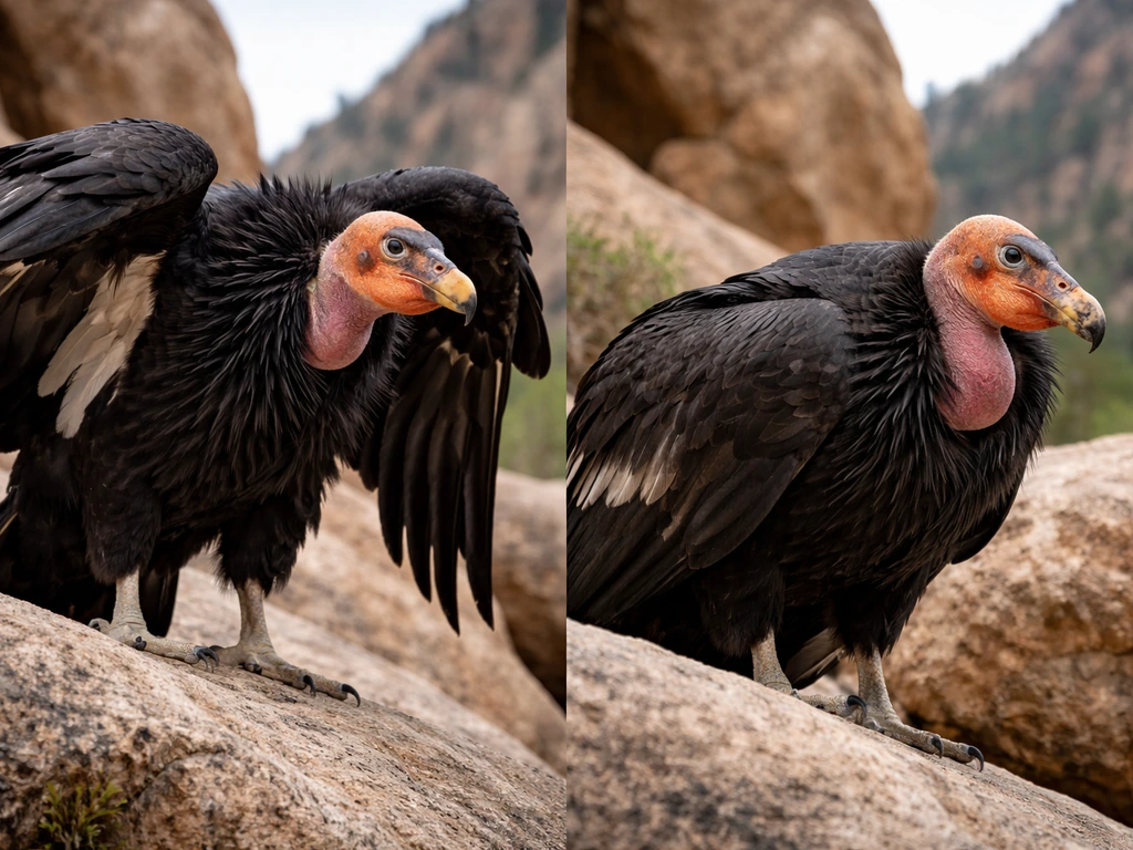 Close-up of a condor showing wing-spread threat posture beside a calmer tucked posture in natural habitat.