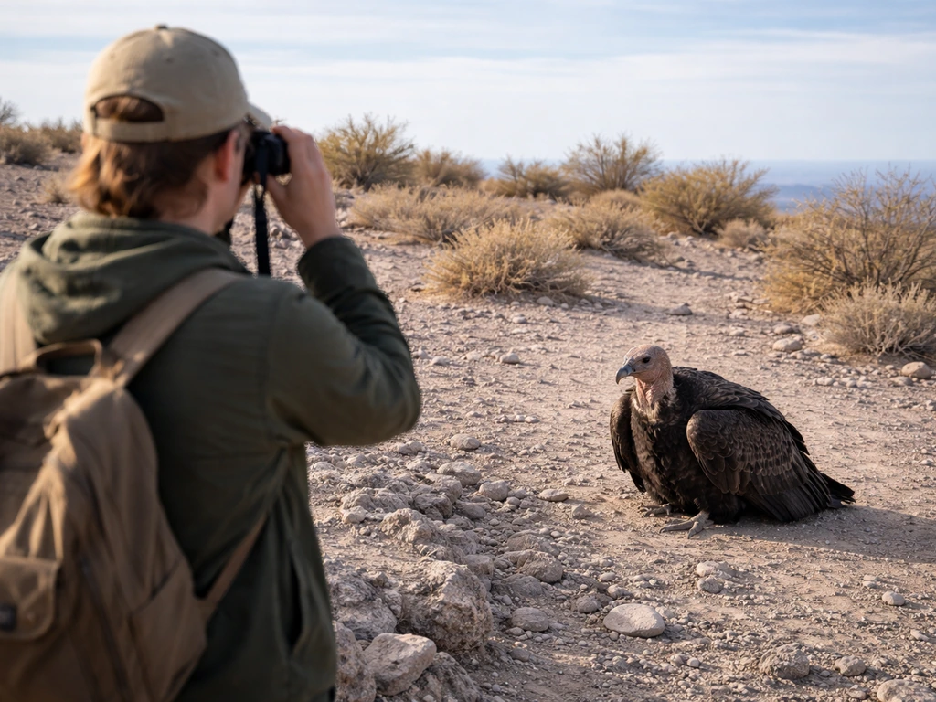Person at a safe distance watching a large condor with binoculars near open sky