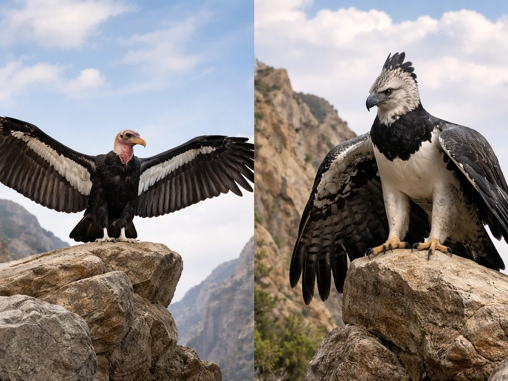 California condor and harpy eagle side-by-side with wings spread for a size comparison in natural light.