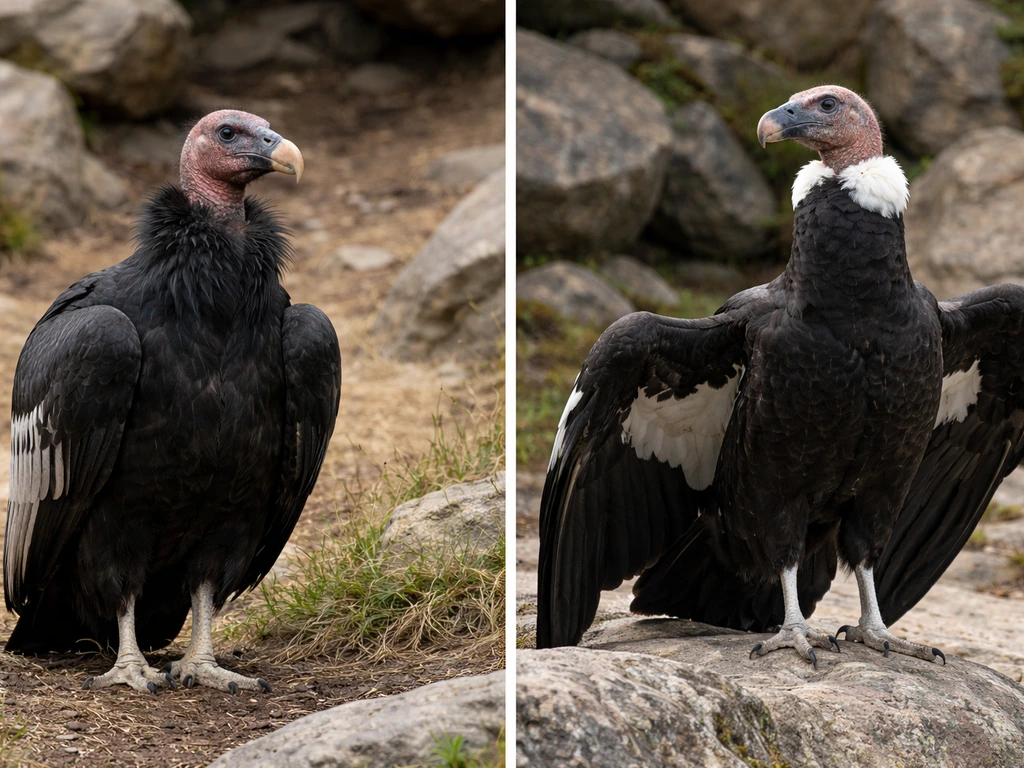 Side-by-side photo of a California condor and an Andean condor showing different colors and size cues.