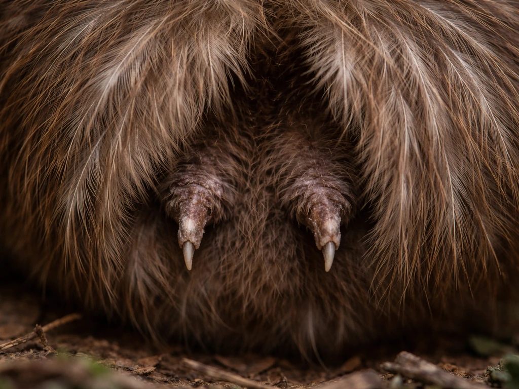 Close-up of a kiwi’s feather area with tiny stub-like vestigial wings and a small claw visible underneath.