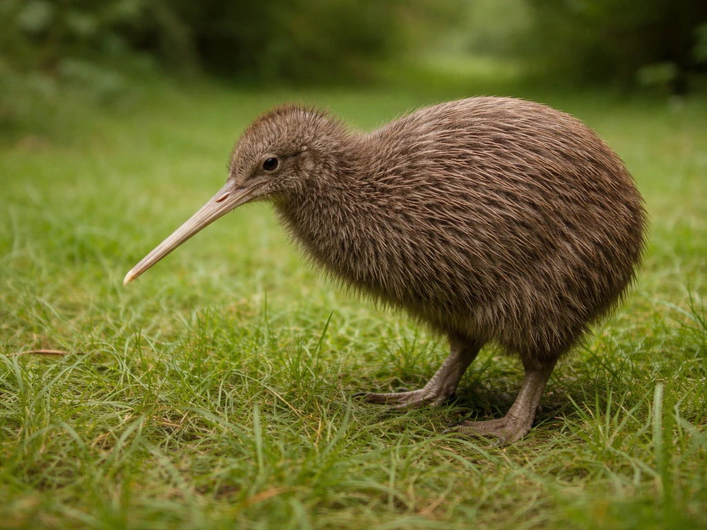 Kiwi standing in grass with prominent long bill and strong legs, shallow depth of field, minimal natural scene.