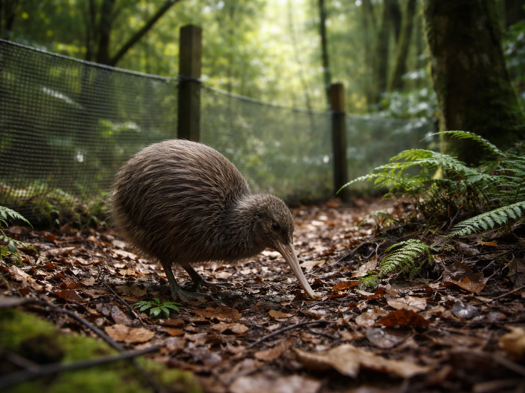 Flightless kiwi foraging on a forest floor near a predator-fence line during conservation monitoring