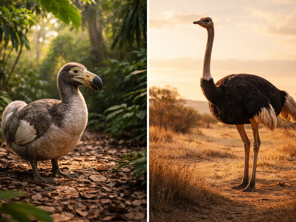 Side-by-side: a flightless dodo on an island forest floor and a taller ostrich on an African savanna.