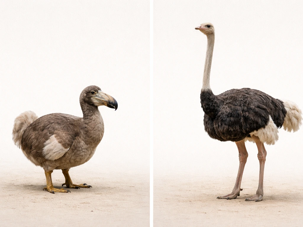 Side-by-side photo-real dodo and ostrich on a neutral background, clearly showing contrasting size and features.