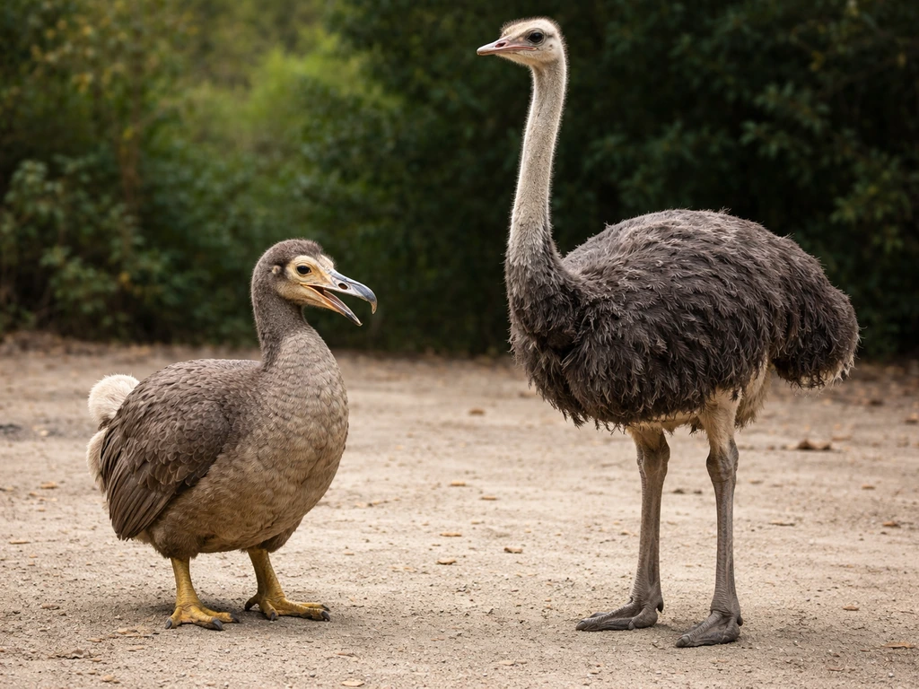 Close side-by-side view of a dodo and an ostrich showing different plumage, heads, and yellow feet vs long legs.
