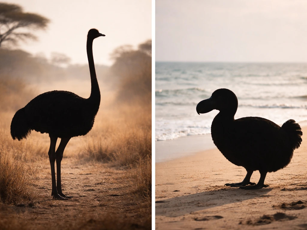 Side-by-side silhouettes of a tall ostrich-like bird and a stockier dodo-like bird on natural ground.