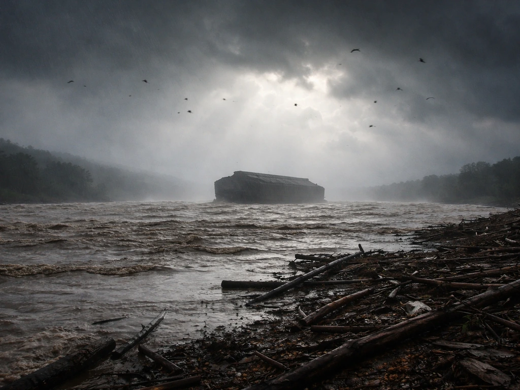 Flood-drenched landscape with a distant ark-like vessel silhouette and faint bird shapes in the stormy sky.