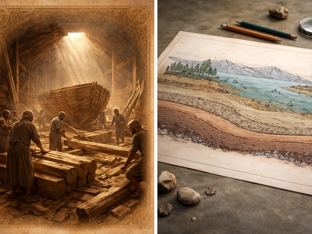 Split-scene: luminous ark selection moment versus a clean, scientific flood stratigraphy map.