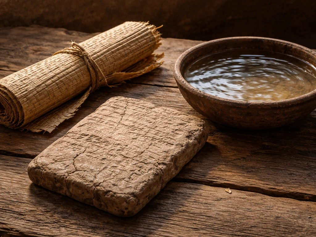 Close-up of an ancient clay tablet and reed manuscript scroll beside a shallow bowl of water