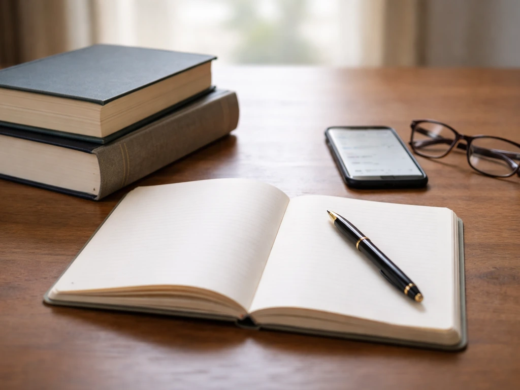 Anonymous desk with open notebook, reference books, pen, glasses, and a phone for research verification.