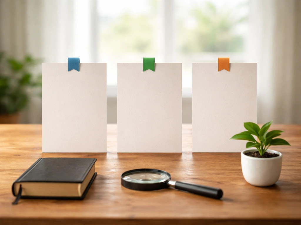 Minimal setup on a wooden table showing three comparison categories with simple objects and colored markers.