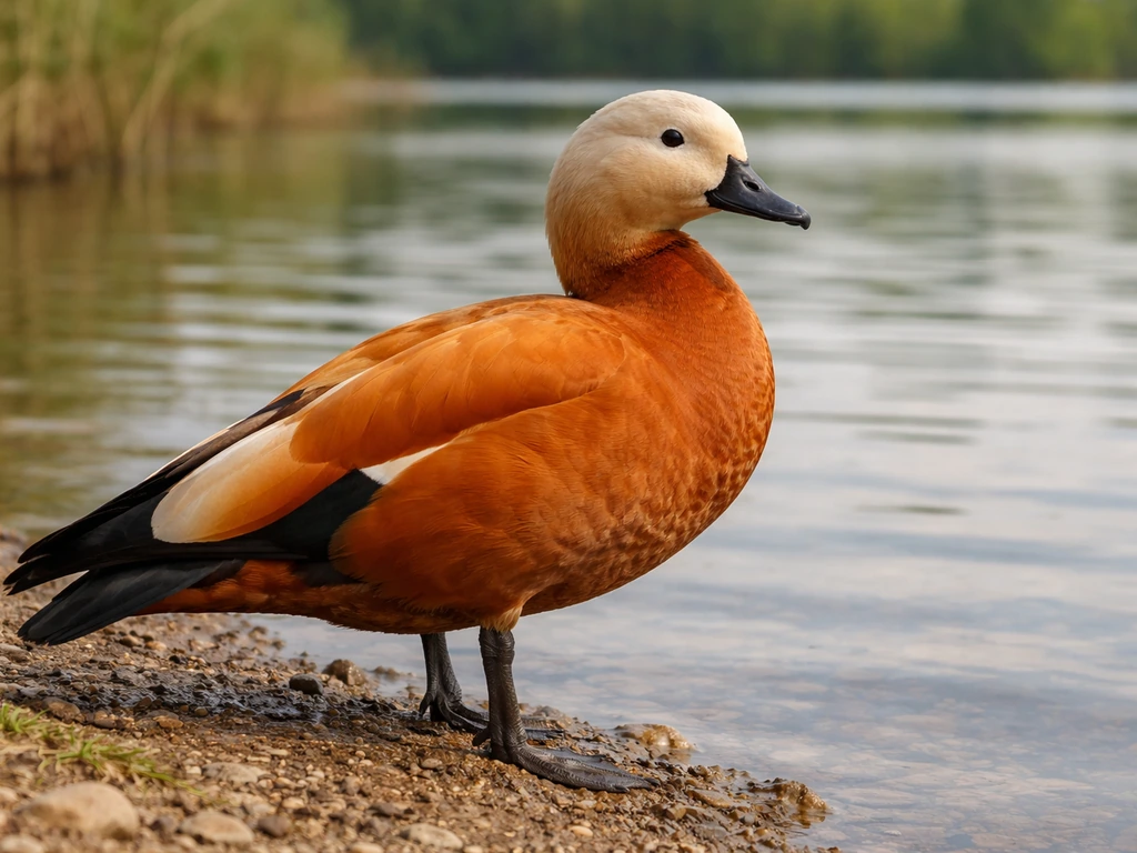 Ruddy Shelduck standing on a calm riverbank, showing orange-chestnut body, pale buff head, and black wing tips.