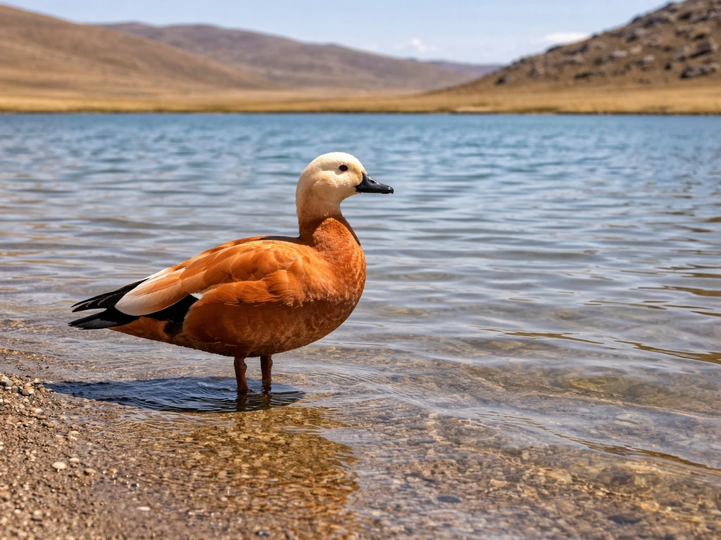 Ruddy Shelduck standing at the edge of a high-altitude steppe lake with open arid landscape behind it.