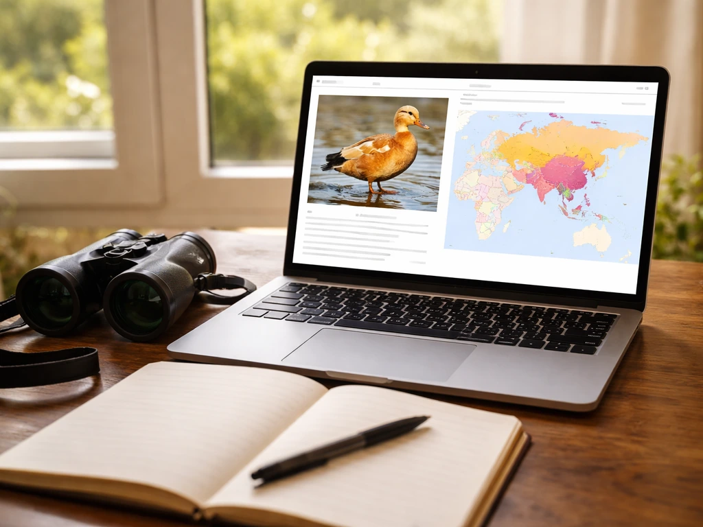 Laptop with a birding range map page and binoculars on a desk, shown in natural daylight.