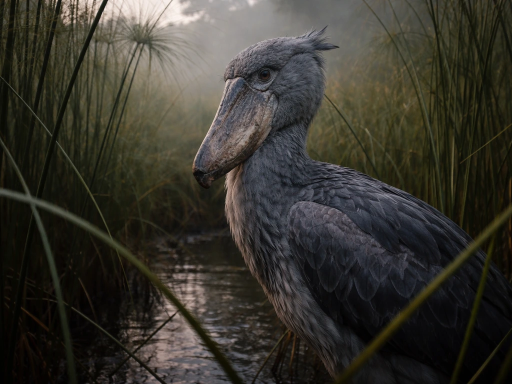Shoebill bird standing in a papyrus swamp wetland with misty African wetlands in the background