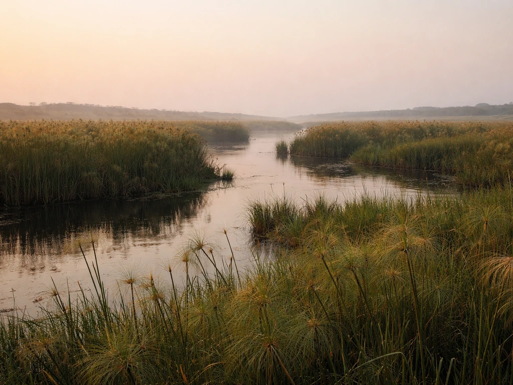 Quiet eastern African swamp with papyrus reeds and water channels suggesting the shoebill’s core habitat range.