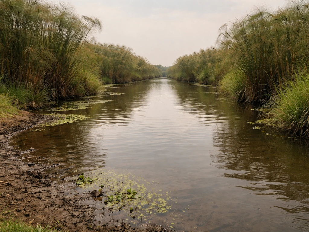 Shallow slow freshwater bordered by tall papyrus-like reeds, with calm water and hidden hunting cover