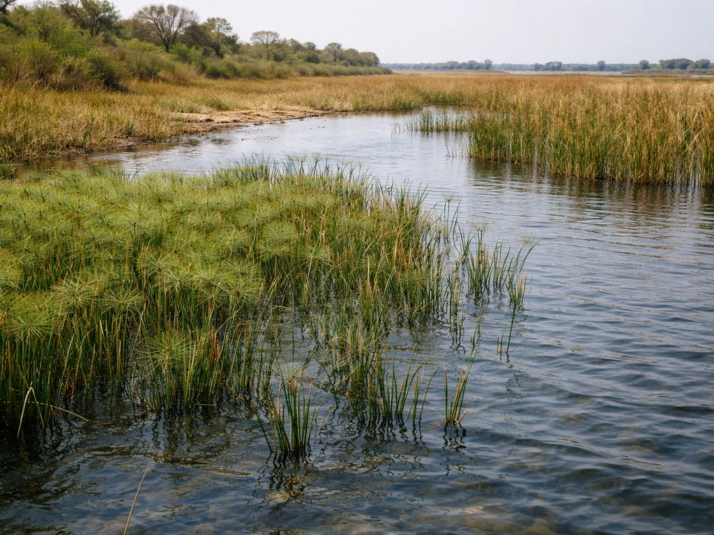 Seasonal wetland water contrast: flooded papyrus reeds beside exposed, drier bordering vegetation.