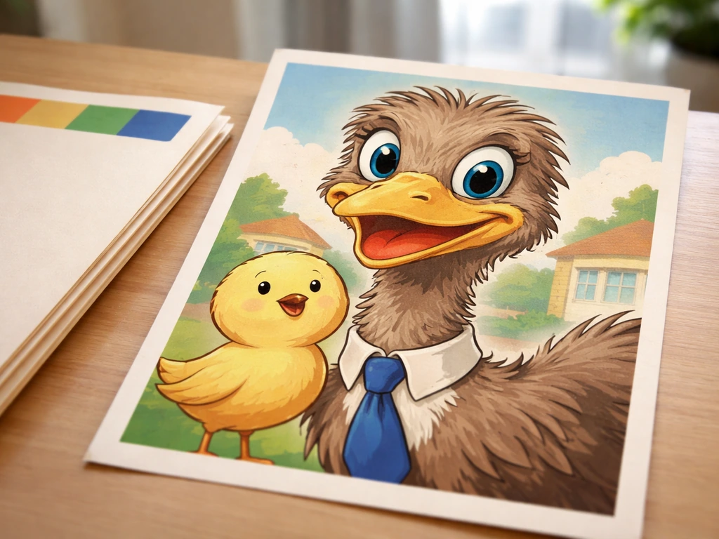 Vintage insurance ad artwork with a friendly emu mascot and another simple bird, photographed on a desk.