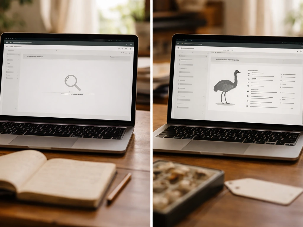 Minimal evidence-style collage: empty taxon result beside an emu specimen record in a museum database scene.