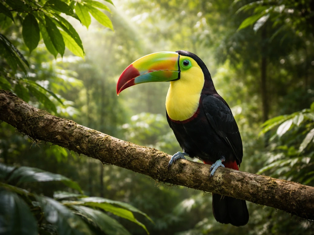 A vibrant toucan in a lush Central American rainforest, with a subtle sense of range across the Americas