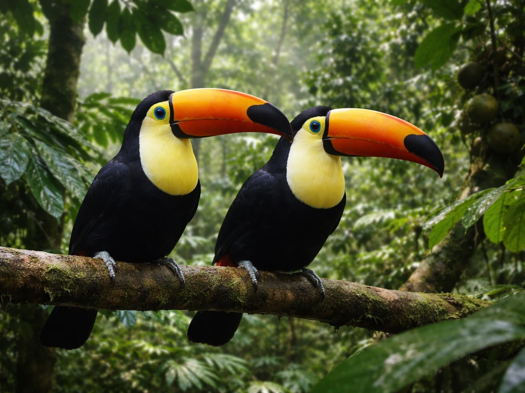 Two toucans perched in a misty humid rainforest with fruiting trees and dense evergreen canopy.