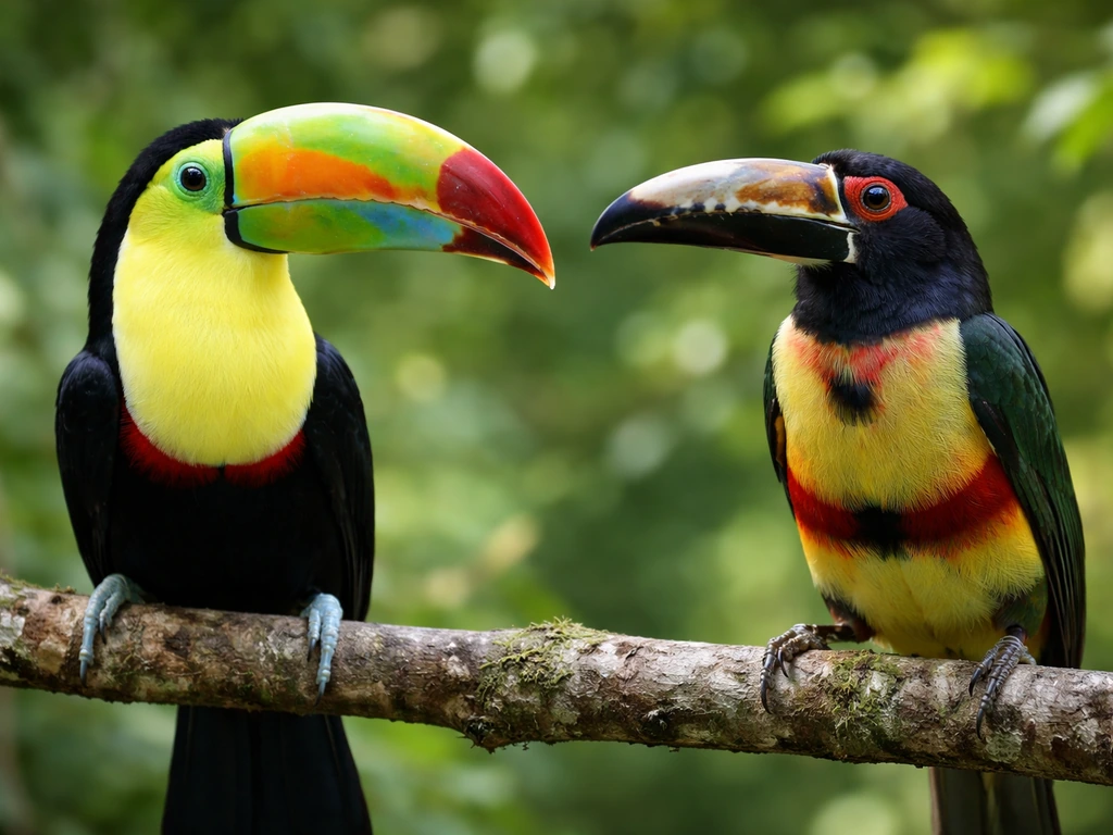 Tropical toucan perched beside a similar-looking bird, focusing on contrasting beaks and body colors