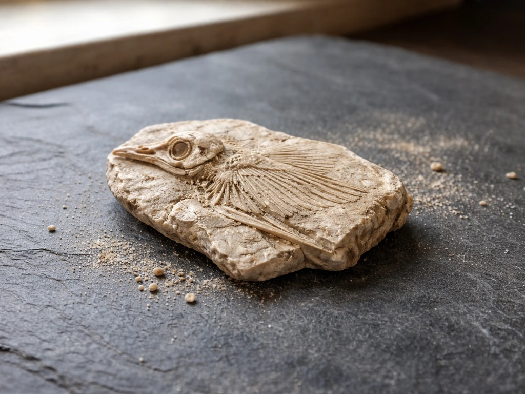 Fossilized bird fragment on a dark stone surface with a few sandy gravel grains nearby.