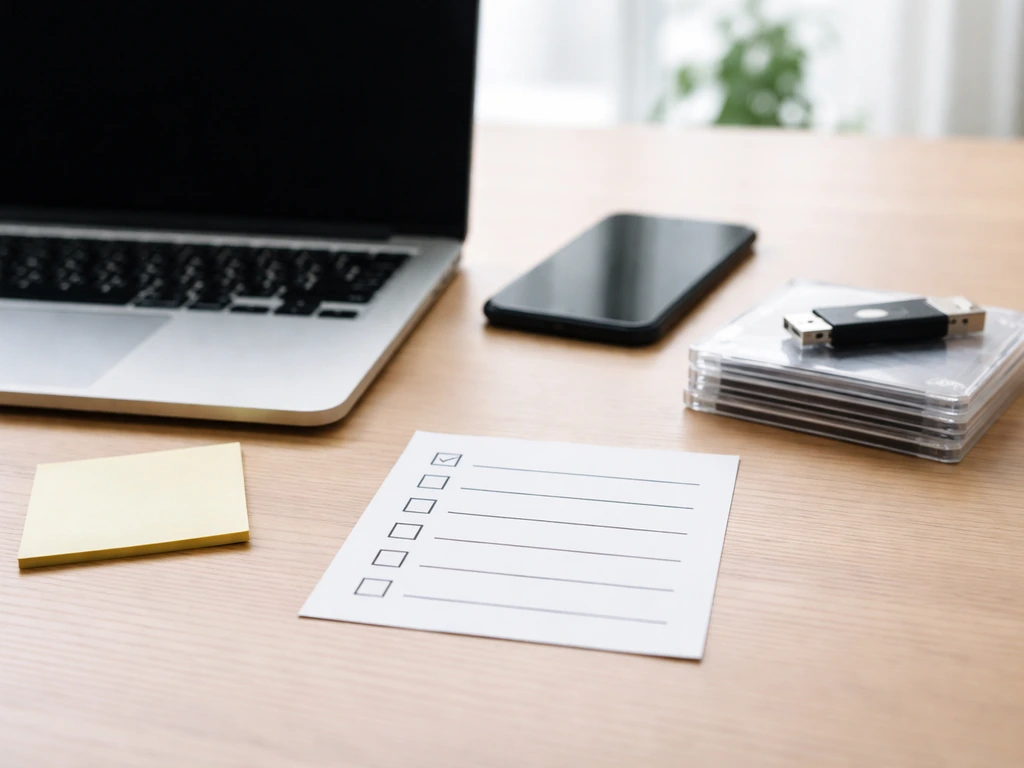 Minimal desk scene with a blank checklist mock and mod files/USB drive for pre-flight checks.