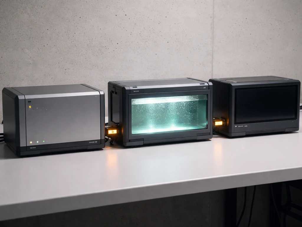Three connected workshop devices—an analyzer, restoration tank, and data monitor—with warm electrical glow between them.