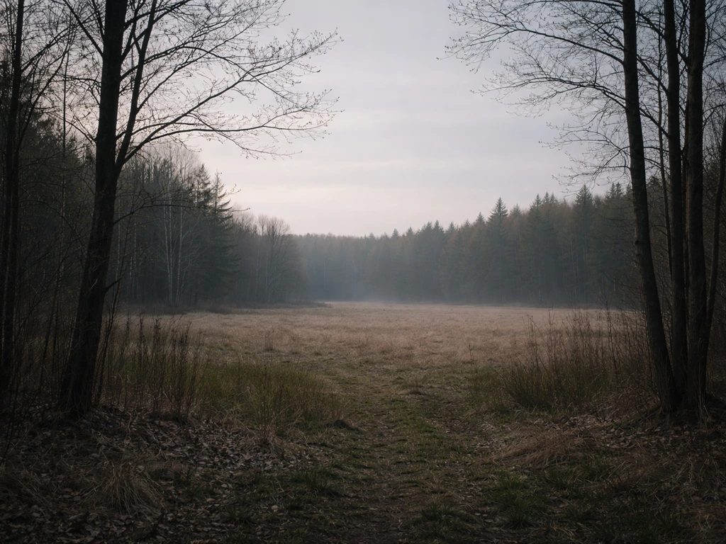 Wide woodland and field at dawn with bare branches and an empty sky suggesting bird population decline.