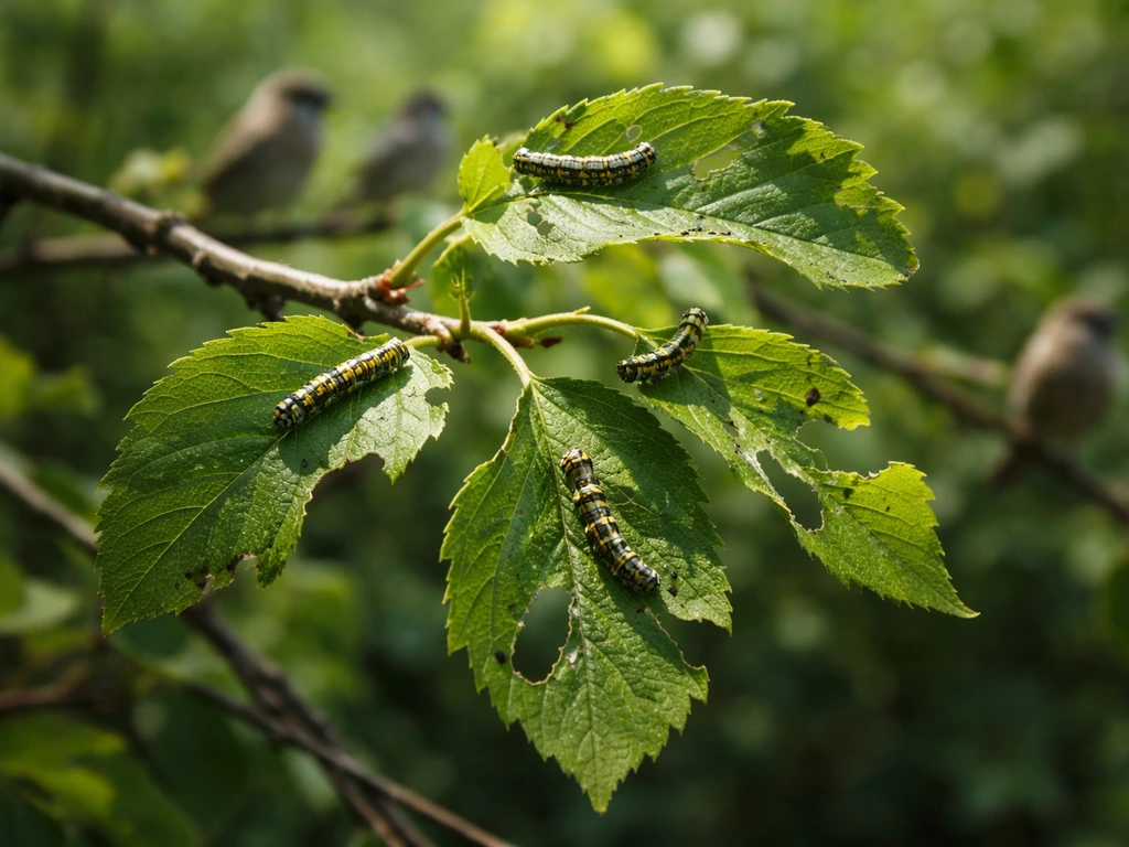 Tree branch with caterpillar activity and a few birds nearby, suggesting insect control