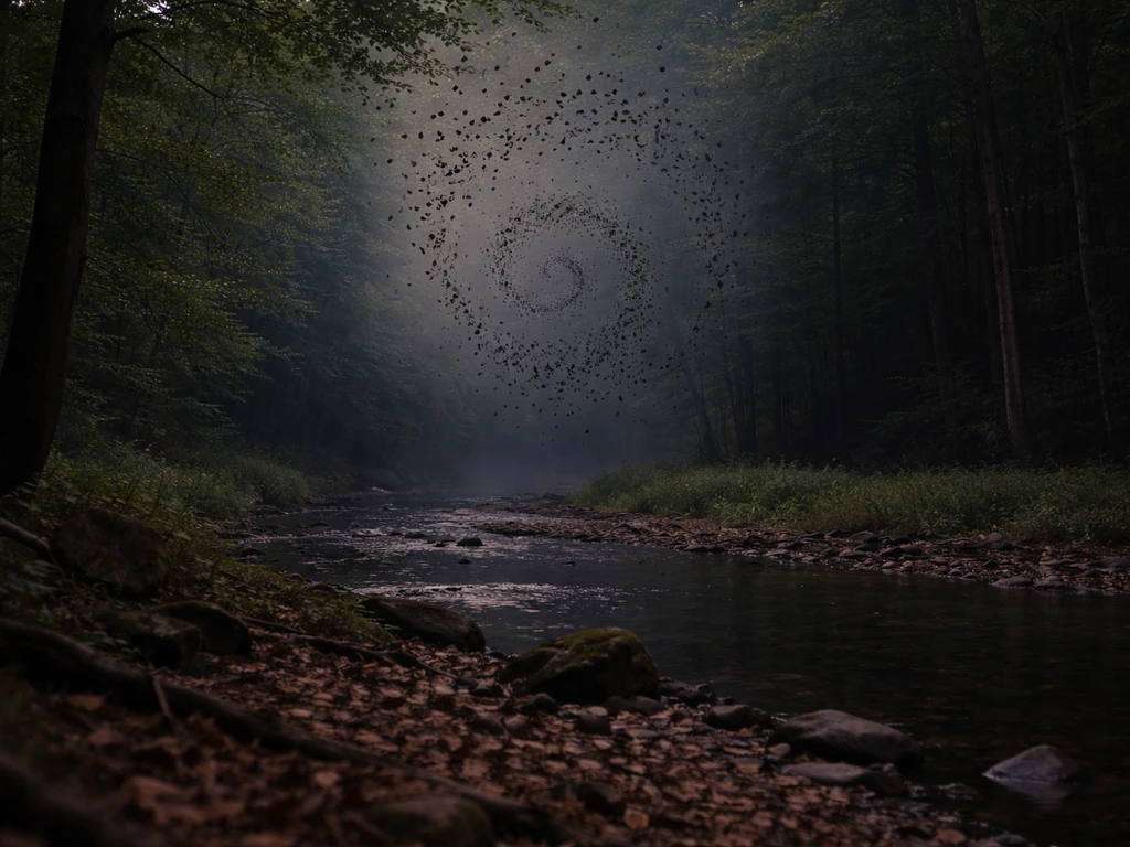Minimal forest edge scene with a shrinking spiral of small bird icons fading into darker habitat