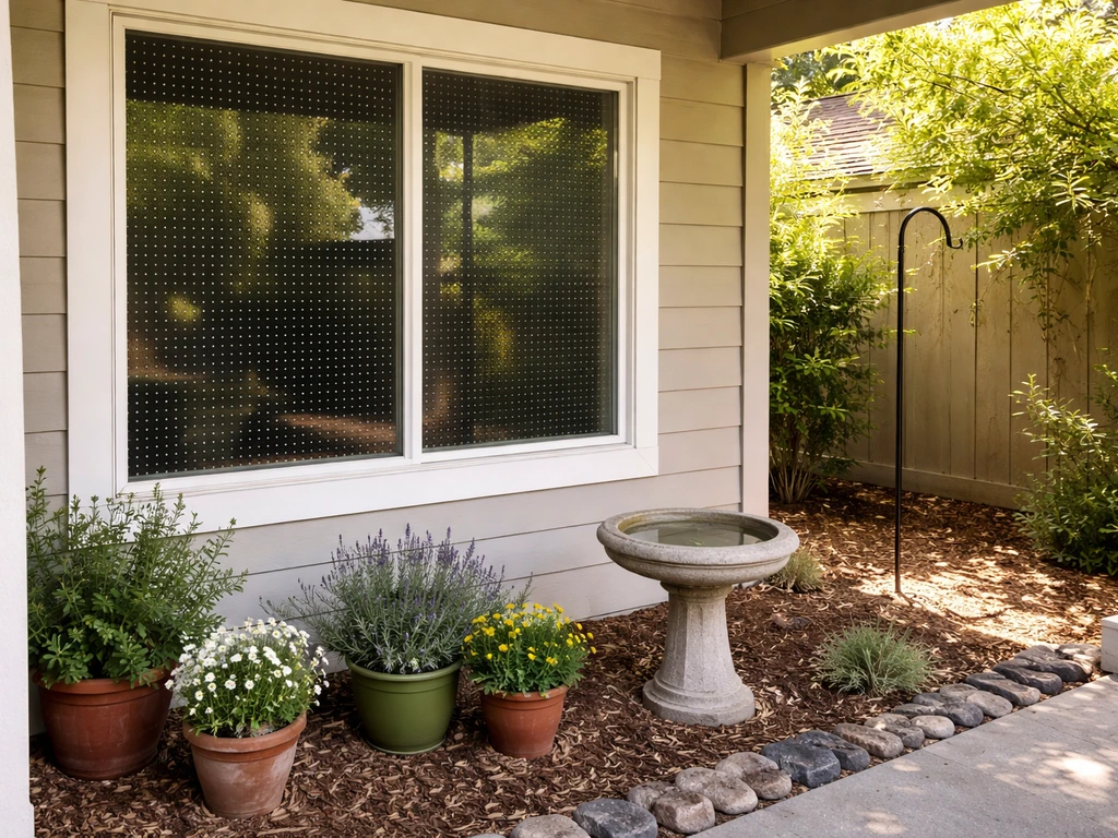 Close-up of a home window with bird-safe film and a simple porch setup, showing a safer habitat.